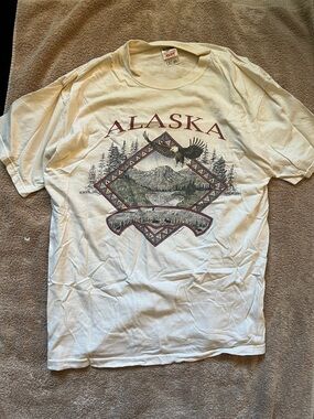 Heavy Fruit of the Loom Alaska Graphic Tee - White with Maroon and Green Print